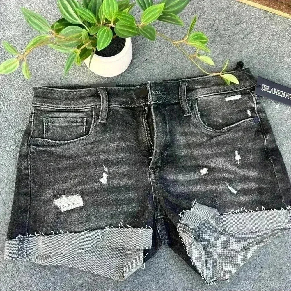 NEW Blanknyc The Fulton Distressed Roll Up Black denim Jean shorts by Blank NYC